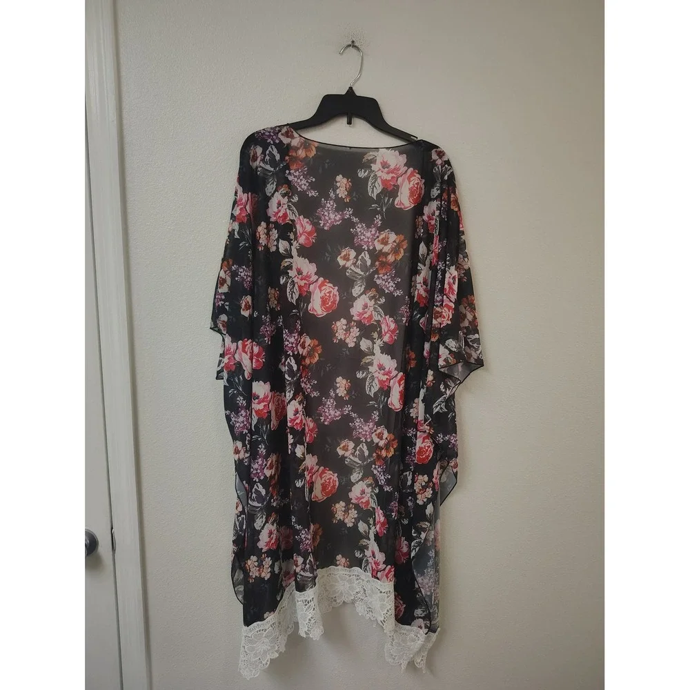 Hibluco Floral Kimono Cardigan Sheer Chiffon Lace Trim Cover Up Black‎ XL